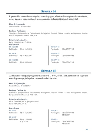 45
SÚMULA 64
É permitido trazer do estrangeiro, como bagagem, objetos de uso pessoal e doméstico,
desde que, por sua quantidade e natureza, não induzam finalidade comercial.
Data de Aprovação
Sessão Plenária de 13/12/1963
Fonte de Publicação
Súmula da Jurisprudência Predominante do Supremo Tribunal Federal - Anexo ao Regimento Interno.
Edição: Imprensa Nacional, 1964, p. 54.
Referência Legislativa
Lei nº 2.145/1953, art. 7º, III, IV.
Precedentes
RE 47206 EI
Publicação: DJ de 13/09/1962
RE 39838
Publicação: DJ de 09/11/1961
RE 39025 EI
Publicação: DJ de 26/08/1961
RE 40673 EI
Publicação: DJ de 25/05/1961
RE 41188 EI
Publicação: DJ de 04/05/1961
RE 41777 EI
Publicação: DJ de 13/04/1961
SÚMULA 65
A cláusula de aluguel progressivo anterior à L. 3.494, de 19.12.58, continua em vigor em
caso de prorrogação legal ou convencional da locação.
Data de Aprovação
Sessão Plenária de 13/12/1963
Fonte de Publicação
Súmula da Jurisprudência Predominante do Supremo Tribunal Federal - Anexo ao Regimento Interno.
Edição: Imprensa Nacional, 1964, p. 54.
Referência Legislativa
Lei nº 1.300/1950, art. 3º, parágrafo único.
Lei nº 3.494/1958, art. 2º.
Precedentes
RE 49511
Publicação: DJ de 15/06/1962
RE 48983
Publicações: DJ de 11/06/1962
RTJ 21/149
RE 47913
Publicações: DJ de 09/11/1961
RTJ 20/307
RE 48519
Publicações: DJ de 28/09/1961
RTJ 19/385
 