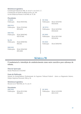 48
Referência Legislativa
Constituição Federal de 1946, art. 18, § 1º; e art. 28, II, "a".
Constituição do Estado de Minas Gerais, art. 169.
Lei do Estado do Paraná nº 64/1948, art. 57, III.
Precedentes
AI 28630
Publicação: DJ de 05/03/1964
RMS 9518
Publicações: DJ de 17/12/1962
RTJ 26/30
RMS 9566
Publicações: DJ de 20/09/1962
RTJ 517/445
Rp 494
Publicações: DJ de 02/08/1962
RTJ 25/1
RMS 8392
Publicações: DJ de 22/06/1962
RTJ 22/80
RE 35326
Publicações: DJ de 14/12/1961
RTJ 20/164
RE 35719
Publicações: DJ de 14/12/1961
RTJ 20/165
RE 29285
Publicações: DJ de 30/11/1961
RTJ 20/156
RE 45243
Publicação: DJ de 20/04/1961
SÚMULA 70
É inadmissível a interdição de estabelecimento como meio coercitivo para cobrança de
tributo.
Data de Aprovação
Sessão Plenária de 13/12/1963
Fonte de Publicação
Súmula da Jurisprudência Predominante do Supremo Tribunal Federal - Anexo ao Regimento Interno.
Edição: Imprensa Nacional, 1964, p. 56.
Referência Legislativa
Decreto-Lei nº 960/1938, art. 1º; e art. 6º.
Precedentes
RMS 9698
Publicações: DJ de 05/11/1962
RTJ 24/21
RE 39933
Publicações: DJ de 11/12/1958
RTJ 17/172
 