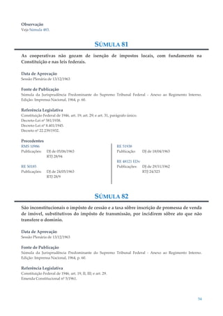 54
Observação
Veja Súmula 483.
SÚMULA 81
As cooperativas não gozam de isenção de impostos locais, com fundamento na
Constituição e nas leis federais.
Data de Aprovação
Sessão Plenária de 13/12/1963
Fonte de Publicação
Súmula da Jurisprudência Predominante do Supremo Tribunal Federal - Anexo ao Regimento Interno.
Edição: Imprensa Nacional, 1964, p. 60.
Referência Legislativa
Constituição Federal de 1946, art. 19; art. 29; e art. 31, parágrafo único.
Decreto-Lei nº 581/1938.
Decreto-Lei nº 8.401/1945.
Decreto nº 22.239/1932.
Precedentes
RMS 10986
Publicações: DJ de 05/06/1963
RTJ 28/94
RE 50185
Publicações: DJ de 24/05/1963
RTJ 28/9
RE 51938
Publicação: DJ de 18/04/1963
RE 48121 EDv
Publicações: DJ de 29/11/1962
RTJ 24/323
SÚMULA 82
São inconstitucionais o impôsto de cessão e a taxa sôbre inscrição de promessa de venda
de imóvel, substitutivos do impôsto de transmissão, por incidirem sôbre ato que não
transfere o domínio.
Data de Aprovação
Sessão Plenária de 13/12/1963
Fonte de Publicação
Súmula da Jurisprudência Predominante do Supremo Tribunal Federal - Anexo ao Regimento Interno.
Edição: Imprensa Nacional, 1964, p. 60.
Referência Legislativa
Constituição Federal de 1946, art. 19, II, III; e art. 29.
Emenda Constitucional nº 5/1961.
 