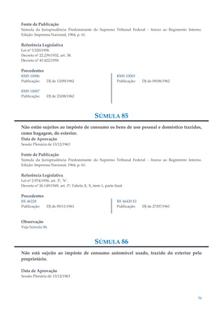 56
Fonte de Publicação
Súmula da Jurisprudência Predominante do Supremo Tribunal Federal - Anexo ao Regimento Interno.
Edição: Imprensa Nacional, 1964, p. 61.
Referência Legislativa
Lei nº 3.520/1958.
Decreto nº 22.239/1932, art. 38.
Decreto nº 45.422/1959.
Precedentes
RMS 10006
Publicação: DJ de 13/09/1962
RMS 10007
Publicação: DJ de 23/08/1962
RMS 10003
Publicação: DJ de 09/08/1962
SÚMULA 85
Não estão sujeitos ao impôsto de consumo os bens de uso pessoal e doméstico trazidos,
como bagagem, do exterior.
Data de Aprovação
Sessão Plenária de 13/12/1963
Fonte de Publicação
Súmula da Jurisprudência Predominante do Supremo Tribunal Federal - Anexo ao Regimento Interno.
Edição: Imprensa Nacional, 1964, p. 61.
Referência Legislativa
Lei nº 2.974/1956, art. 3º, "b".
Decreto nº 26.149/1949, art. 2º; Tabela A, X, item 1, parte final.
Precedentes
RE 46228
Publicação: DJ de 09/11/1961
RE 46420 EI
Publicação: DJ de 27/07/1961
Observação
Veja Súmula 86.
SÚMULA 86
Não está sujeito ao impôsto de consumo automóvel usado, trazido do exterior pelo
proprietário.
Data de Aprovação
Sessão Plenária de 13/12/1963
 