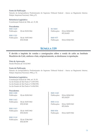 73
Fonte de Publicação
Súmula da Jurisprudência Predominante do Supremo Tribunal Federal - Anexo ao Regimento Interno.
Edição: Imprensa Nacional, 1964, p.72.
Referência Legislativa
Constituição Federal de 1946, art. 15, III.
Precedentes
RMS 11629
Publicação: DJ de 05/03/1964
RMS 11321
Publicações: DJ de 19/07/1963
RTJ 29/248
RE 50283
Publicações: DJ de 20/06/1963
RTJ 26/425
RMS 9377
Publicação: DJ de 03/04/1963
SÚMULA 119
É devido o impôsto de vendas e consignações sôbre a venda de cafés ao Instituto
Brasileiro do Café, embora o lote, originariamente, se destinasse à exportação.
Data de Aprovação
Sessão Plenária de 13/12/1963
Fonte de Publicação
Súmula da Jurisprudência Predominante do Supremo Tribunal Federal - Anexo ao Regimento Interno.
Edição: Imprensa Nacional, 1964, p. 72.
Referência Legislativa
Constituição Federal de 1946, art. 19, IV.
Lei do Estado de São Paulo nº 1.037/1951.
Lei do Estado de São Paulo nº 2.958/1955.
Lei do Estado de São Paulo nº 6.626/1961.
Precedentes
RMS 11008
Publicação: DJ de 05/09/1963
RMS 11412
Publicações: DJ de 25/07/1963
RTJ 29/349
RMS 11413
Publicações: DJ de 19/07/1963
RTJ 29/251
RMS 11110
Publicações: DJ de 27/06/1963
RTJ 28/359
RMS 11245
Publicações: DJ de 20/06/1963
RTJ 28/257
RMS 11116
Publicações: DJ de 30/05/1963
RTJ 28/56
RMS 9256
Publicação: DJ de 26/07/1962
 