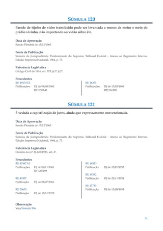 74
SÚMULA 120
Parede de tijolos de vidro translúcido pode ser levantada a menos de metro e meio do
prédio vizinho, não importando servidão sôbre êle.
Data de Aprovação
Sessão Plenária de 13/12/1963
Fonte de Publicação
Súmula da Jurisprudência Predominante do Supremo Tribunal Federal - Anexo ao Regimento Interno.
Edição: Imprensa Nacional, 1964, p. 73.
Referência Legislativa
Código Civil de 1916, art. 573, § 1º, § 2º.
Precedentes
RE 49474 EI
Publicações: DJ de 08/08/1963
RTJ 25/240
RE 26371
Publicações: DJ de 13/03/1963
RTJ 26/289
SÚMULA 121
É vedada a capitalização de juros, ainda que expressamente convencionada.
Data de Aprovação
Sessão Plenária de 13/12/1963
Fonte de Publicação
Súmula da Jurisprudência Predominante do Supremo Tribunal Federal - Anexo ao Regimento Interno.
Edição: Imprensa Nacional, 1964, p. 73.
Referência Legislativa
Decreto-Lei nº 22.626/1933, art. 4º.
Precedentes
RE 47497 EI
Publicações: DJ de 09/11/1961
RTJ 20/299
RE 47497
Publicação: DJ de 08/07/1961
RE 20653
Publicação: DJ de 13/11/1952
RE 19533
Publicação: DJ de 17/01/1952
RE 19352
Publicação: DJ de 22/11/1951
RE 17785
Publicação: DJ de 13/09/1951
Observação
Veja Súmula 596.
 