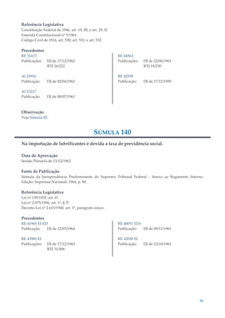 86
Referência Legislativa
Constituição Federal de 1946, art. 19, III; e art. 29, II.
Emenda Constitucional nº 5/1961.
Código Civil de 1916, art. 530; art. 531; e art. 532.
Precedentes
RE 51673
Publicações: DJ de 17/12/1962
RTJ 26/222
AI 23916
Publicação: DJ de 02/04/1962
AI 23217
Publicação: DJ de 08/07/1961
RE 44563
Publicações: DJ de 22/06/1961
RTJ 18/230
RE 42539
Publicação: DJ de 17/12/1959
Observação
Veja Súmula 82.
SÚMULA 140
Na importação de lubrificantes é devida a taxa de previdência social.
Data de Aprovação
Sessão Plenária de 13/12/1963
Fonte de Publicação
Súmula da Jurisprudência Predominante do Supremo Tribunal Federal - Anexo ao Regimento Interno.
Edição: Imprensa Nacional, 1964, p. 80.
Referência Legislativa
Lei nº 159/1935, art. 6º.
Lei nº 2.975/1956, art. 1º, § 3º.
Decreto-Lei nº 2.615/1940, art. 1º, parágrafo único.
Precedentes
RE 41965 EI-ED
Publicação: DJ de 12/03/1964
RE 43989 EI
Publicações: DJ de 17/12/1963
RTJ 31/496
RE 40051 EDv
Publicação: DJ de 09/11/1961
RE 42030 EI
Publicação: DJ de 12/10/1961
 