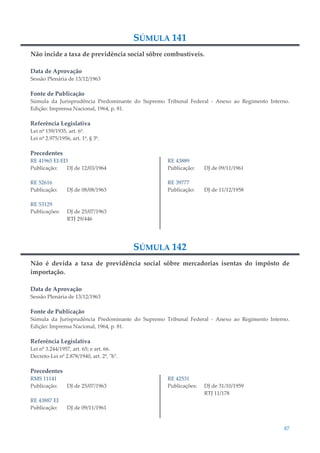 87
SÚMULA 141
Não incide a taxa de previdência social sôbre combustíveis.
Data de Aprovação
Sessão Plenária de 13/12/1963
Fonte de Publicação
Súmula da Jurisprudência Predominante do Supremo Tribunal Federal - Anexo ao Regimento Interno.
Edição: Imprensa Nacional, 1964, p. 81.
Referência Legislativa
Lei nº 159/1935, art. 6º.
Lei nº 2.975/1956, art. 1º, § 3º.
Precedentes
RE 41965 EI-ED
Publicação: DJ de 12/03/1964
RE 52616
Publicação: DJ de 08/08/1963
RE 53129
Publicações: DJ de 25/07/1963
RTJ 29/446
RE 43889
Publicação: DJ de 09/11/1961
RE 39777
Publicação: DJ de 11/12/1958
SÚMULA 142
Não é devida a taxa de previdência social sôbre mercadorias isentas do impôsto de
importação.
Data de Aprovação
Sessão Plenária de 13/12/1963
Fonte de Publicação
Súmula da Jurisprudência Predominante do Supremo Tribunal Federal - Anexo ao Regimento Interno.
Edição: Imprensa Nacional, 1964, p. 81.
Referência Legislativa
Lei nº 3.244/1957, art. 65; e art. 66.
Decreto-Lei nº 2.878/1940, art. 2º, "b".
Precedentes
RMS 11141
Publicação: DJ de 25/07/1963
RE 43887 EI
Publicação: DJ de 09/11/1961
RE 42531
Publicações: DJ de 31/10/1959
RTJ 11/178
 
