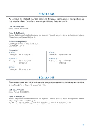 88
SÚMULA 143
Na forma da lei estadual, é devido o impôsto de vendas e consignações na exportação de
café pelo Estado da Guanabara, embora proveniente de outro Estado.
Data de Aprovação
Sessão Plenária de 13/12/1963
Fonte de Publicação
Súmula da Jurisprudência Predominante do Supremo Tribunal Federal - Anexo ao Regimento Interno.
Edição: Imprensa Nacional, 1964, p. 81.
Referência Legislativa
Constituição Federal de 1946, art. 19, III, V.
Lei nº 687/1951, art. 4º.
Precedentes
RE 42652
Publicação: DJ de 02/04/1962
RE 27507 EI
Publicações: DJ de 30/11/1961
RTJ 20/149
RE 39923
Publicação: DJ de 20/11/1961
MS 8237
Publicação: DJ de 07/08/1961
RE 29517 EI
Publicações: DJ de 04/09/1958
RTJ 6/581
SÚMULA 144
É inconstitucional a incidência da taxa de recuperação econômica de Minas Gerais sôbre
contrato sujeito ao impôsto federal do sêlo.
Data de Aprovação
Sessão Plenária de 13/12/1963
Fonte de Publicação
Súmula da Jurisprudência Predominante do Supremo Tribunal Federal - Anexo ao Regimento Interno.
Edição: Imprensa Nacional, 1964, p. 82.
Republicação: DJ de 06/07/1964, p. 2185; DJ de 07/07/1964, p. 2201; DJ de 08/07/1964, p. 2241.
 