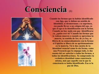 Consciencia   (6)   Cuando las formas que tu habías identificado con tigo, que te daban un sentido de identidad, se desmoronan y se suprimen, eso puede llevar a un colapso del ego, ya que el ego es la identificación con la forma. Cuando no hay nada con que  identificarse ya, ¿quién eres tú? Cuando las formas que te rodean mueren o cuando se aproxima tu muerte, tu sentido de Ser, de yo Soy, se libera de su enmarañamiento con la forma: el Espíritu se libera de su aprisionamiento en la materia. Tú te das cuenta de tu identidad esencial como lo sin forma, como una Presencia que lo empapa todo, te das cuenta del ser anterior a todas las formas, a todas las identificaciones. Tu comprendes tu verdadera identidad como consciencia misma, más que aquello con lo que la consciencia se había identificado. Esa es la paz de Dios. 