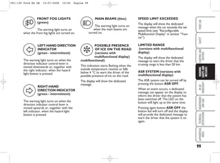 99
IN
AN
EMERGENCY
MAINTENANCE
AND
CARE
TECHNICAL
SPECIFICATIONS
ALPHABETICAL
INDEX
YOUR
CAR
SAFETY
STARTING
AND
DRIVING
WARNING
LIGHTS
AND
MESSAGES
FRONT FOG LIGHTS
(green)
The warning light turns on
when the front fog lights are turned on.
5
LEFT-HAND DIRECTION
INDICATOR
(green - intermittent)
The warning light turns on when the
direction indicator control lever is
moved downwards or, together with
the right indicator, when the hazard
light button is pressed.
F
RIGHT-HAND
DIRECTION INDICATOR
(green - intermittent)
The warning light turns on when the
direction indicator control lever is
moved upwards or, together with the
left indicator, when the hazard light
button is pressed.
D
MAIN BEAMS (blue)
The warning light turns on
when the main beams are
turned on.
1
SPEED LIMIT EXCEEDED
The display will show the dedicated
message when the car exceeds the set
speed limit (see “Reconfigurable
Multifunction Display” in section “Your
car”).
LIMITED RANGE
(versions with multifunctional
display)
The display will show the dedicated
message to warn the driver that the
cruising range is less than 50 km.
ASR SYSTEM (versions with
multifunctional display)
The ASR system can be turned off by
pressing the button ASR OFF.
When an event occurs, a dedicated
message can appear on the display to
inform the driver that the system has
been switched off. The LED on the
button will light up at the same time.
Pressing again button ASR OFF the
button led will turn off and the display
will provide the dedicated message to
warn the driver that the system is on
again.
POSSIBLE PRESENCE
OF ICE ON THE ROAD
(versions with
multifunctional display)
multifunctional)
This indication starts flashing when the
outside temperature reaches or falls
below 4 °C to warn the driver of the
possible presence of ice on the road.
The display will show the dedicated
message.
C
091-100 Ford KA GB 15-07-2008 10:00 Pagina 99
 
