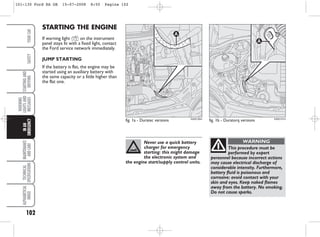 STARTING THE ENGINE
If warning light Y on the instrument
panel stays lit with a fixed light, contact
the Ford service network immediately.
JUMP STARTING
If the battery is flat, the engine may be
started using an auxiliary battery with
the same capacity or a little higher than
the flat one.
102
WARNING
LIGHTS
AND
MESSAGES
MAINTENANCE
AND
CARE
TECHNICAL
SPECIFICATIONS
ALPHABETICAL
INDEX
YOUR
CAR
SAFETY
STARTING
AND
DRIVING
IN
AN
EMERGENCY
Never use a quick battery
charger for emergency
starting: this might damage
the electronic system and
the engine start/supply control units.
This procedure must be
performed by expert
personnel because incorrect actions
may cause electrical discharge of
considerable intensity. Furthermore,
battery fluid is poisonous and
corrosive: avoid contact with your
skin and eyes. Keep naked flames
away from the battery. No smoking.
Do not cause sparks.
WARNING
fig. 1a - Duratec versions
A
KA00136m
fig. 1b - Duratorq versions
A
KA00137m
101-130 Ford KA GB 15-07-2008 8:50 Pagina 102
 