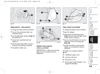 119
WARNING
LIGHTS
AND
MESSAGES
MAINTENANCE
AND
CARE
TECHNICAL
SPECIFICATIONS
ALPHABETICAL
INDEX
YOUR
CAR
SAFETY
STARTING
AND
DRIVING
IN
AN
EMERGENCY
SIDELIGHTS - TAILLIGHTS
To change the bulb, proceed as follows:
❒ remove the protecting rubber cap
mentioned above;
❒ turn the bulb holder clockwise A-fig. 18
and withdraw it;
❒ remove the snap-fitted bulb and
replace it;
❒ refit the bulb holder A by turning it
clockwise and locking it properly;
❒ reinstall the rubber cap;
fig. 18
A
KA00090m
TAIL-LIGHT CLUSTERS
To change the bulb proceed as follows:
❒ open the tailgate;
❒ unscrew the two fastening screws
A-fig. 19 and extract the light cluster
axially without rotating it;
❒ extract the bulb holder from its seat
releasing it from the locking clips
B-fig. 20;
❒ extract the bulbs by pushing them
slightly and turning them counter-
clockwise.
The bulbs are arranged as follows:
fig. 21:
C – Side/Brake (upper arch)
D – direction indicators
E – Side (lower arch)
F – Reverse gear (right tail-light) / rear
fog guards (left light)
FRONT FOG LIGHTS
(where provided)
IMPORTANT to replace the front fog
lights you must contact the Ford
Dealership.
fig. 19
A
A
KA00104m
fig. 20
B
B
B
B
KA00105m
fig. 21
F
E
D
C
KA00106m
101-130 Ford KA GB 15-07-2008 8:50 Pagina 119
 