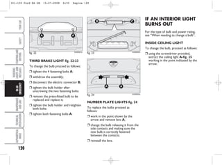 120
WARNING
LIGHTS
AND
MESSAGES
MAINTENANCE
AND
CARE
TECHNICAL
SPECIFICATIONS
ALPHABETICAL
INDEX
YOUR
CAR
SAFETY
STARTING
AND
DRIVING
IN
AN
EMERGENCY IF AN INTERIOR LIGHT
BURNS OUT
For the type of bulb and power rating,
see “When needing to change a bulb”.
INSIDE CEILING LIGHT
To change the bulb, proceed as follows:
❒ using the screwdriver provided,
extract the ceiling light A-fig. 25
working in the point indicated by the
arrow;
NUMBER PLATE LIGHTS fig. 24
To replace the bulbs proceed as
follows:
❒ work in the point shown by the
arrow and remove lens A;
❒ change the bulb releasing it from the
side contacts and making sure the
new bulb is correctly fastened
between the contacts;
❒ reinstall the lens.
fig. 23
B C
KA00092m
THIRD BRAKE LIGHT fig. 22-23
To change the bulb proceed as follows:
❒ tighten the 4 fastening bolts A:
❒ withdraw the assembly;
❒ disconnect the electric connector B;
❒ tighten the bulb holder after
unscrewing the two fastening bolts:
❒ remove the press-fitted bulb to be
replaced and replace it;
❒ tighten the bulb holder and retighten
both bolts:
❒ tighten both fastening bolts A.
fig. 22
A A
KA00091m
fig. 24
A A
KA00093m
101-130 Ford KA GB 15-07-2008 8:50 Pagina 120
 