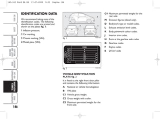 VEHICLE IDENTIFICATION
PLATE fig. 2
It is fitted to the right front door pillar
and contains the following information:
A National or vehicle homologation
B VIN plate
C1 Vehicle gross weight.
C2 Gross weight with trailer.
C3 Maximum permitted weight for the
front axle.
C4 Maximum permitted weight for the
rear axle.
M Emission figures (diesel only).
D Bodywork type or model codes.
L Exhaust emission level codes.
K Body paintwork colour codes.
J Interior trim codes.
H Ratio at the gearbox axle codes
G Gearbox codes
F Engine codes
E Driver’s side
IDENTIFICATION DATA
We recommend taking note of the
identification codes. The following
identification codes are printed and
shown on the plates fig. 1:
1 Inflation pressure.
2 Car marking.
3 Chassis marking (VIN).
4 Model plate (VIN).
fig. 1
4
2
1
3
KA00132m
146
WARNING
LIGHTS
AND
MESSAGES
ALPHABETICAL
INDEX
YOUR
CAR
SAFETY
STARTING
AND
DRIVING
IN
AN
EMERGENCY
MAINTENANCE
AND
CARE
TECHNICAL
SPECIFICATIONS
fig. 2 KA00135m
145-162 Ford KA GB 17-07-2008 9:33 Pagina 146
 