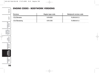 148
WARNING
LIGHTS
AND
MESSAGES
ALPHABETICAL
INDEX
YOUR
CAR
SAFETY
STARTING
AND
DRIVING
IN
AN
EMERGENCY
MAINTENANCE
AND
CARE
TECHNICAL
SPECIFICATIONS ENGINE CODES - BODYWORK VERSIONS
Versions Engine type code Bodywork version code
1.2L Duratec 169A4000 RU8AAAA1U
1.3L Duratorq 169A1000 RU8BAAA1U
145-162 Ford KA GB 17-07-2008 9:33 Pagina 148
 