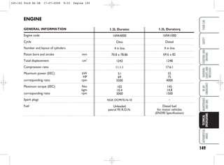 149
WARNING
LIGHTS
AND
MESSAGES
ALPHABETICAL
INDEX
YOUR
CAR
SAFETY
STARTING
AND
DRIVING
IN
AN
EMERGENCY
MAINTENANCE
AND
CARE
TECHNICAL
SPECIFICATIONS
ENGINE
GENERAL INFORMATION
Engine code
Cycle
Number and layout of cylinders
Piston bore and stroke mm
Total displacement cm3
Compression ratio
Maximum power (EEC) kW
HP
corresponding ratio rpm
Maximum torque (EEC) Nm
kgm
corresponding ratio rpm
Spark plugs
Fuel
1.2L Duratec
169A4000
Otto
4 in line
70.8 x 78.86
1242
11.1:1
51
69
5500
102
10.4
3000
NGK DCPR7E-N-10
Unleaded
petrol 95 R.O.N.
1.3L Duratorq
169A1000
Diesel
4 in line
69.6 x 82
1248
17.6:1
55
75
4000
145
14.8
1500
–
Diesel fuel
for motor vehicles
(EN590 Specification)
145-162 Ford KA GB 17-07-2008 9:33 Pagina 149
 