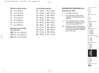 READING RIM MARKINGS fig. 4
Example: 6J x 15H2
6 = rim width in inches 1.
J = rim drop centre outline (side
projection where the tyre bead
rests) 2.
15 = rim nominal diameter in inches
(corresponds to diameter of the
tyre to be mounted) 3 = Ø.
H2 = shape and number of the humps
(circumference relief, holding into
its seat the bead of the Tubeless
tyre on the rim).
Load rating (capacity)
70 = 335 kg 81 = 462 kg
71 = 345 kg 82 = 475 kg
72 = 355 kg 83 = 487 kg
73 = 365 kg 84 = 500 kg
74 = 375 kg 85 = 515 kg
75 = 387 kg 86 = 530 kg
76 = 400 kg 87 = 545 kg
77 = 412 kg 88 = 560 kg
78 = 425 kg 89 = 580 kg
79 = 437 kg 90 = 600 kg
80 = 450 kg 91 = 615 kg
153
WARNING
LIGHTS
AND
MESSAGES
ALPHABETICAL
INDEX
YOUR
CAR
SAFETY
STARTING
AND
DRIVING
IN
AN
EMERGENCY
MAINTENANCE
AND
CARE
TECHNICAL
SPECIFICATIONS
Maximum speed rating
Q = up to 160 km/h.
R = up to 170 km/h.
S = up to 180 km/h.
T = up to 190 km/h.
U = up to 200 km/h.
H = up to 210 km/h.
V = up to 240 km/h.
Maximum speed rating
for snow tyres
QM + S = up to 160 km/h.
TM + S = up to 190 km/h.
HM + S = up to 210 km/h.
145-162 Ford KA GB 17-07-2008 9:33 Pagina 153
 