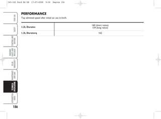 PERFORMANCE
Top admitted speed after initial car use in km/h.
1.2L Duratec
160 (short ratios)
159 (long ratios)
1.3L Duratorq 162
156
WARNING
LIGHTS
AND
MESSAGES
ALPHABETICAL
INDEX
YOUR
CAR
SAFETY
STARTING
AND
DRIVING
IN
AN
EMERGENCY
MAINTENANCE
AND
CARE
TECHNICAL
SPECIFICATIONS
145-162 Ford KA GB 17-07-2008 9:34 Pagina 156
 