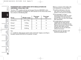 72
STARTING
AND
DRIVING
WARNING
LIGHTS
AND
MESSAGES
IN
AN
EMERGENCY
MAINTENANCE
AND
CARE
TECHNICAL
SPECIFICATIONS
ALPHABETICAL
INDEX
YOUR
CAR
SAFETY
PASSENGER SEAT COMPLIANCE WITH REGULATIONS ON
UNIVERSAL CHILD SEAT USE
The Ford complies with the new European Directive 2003/20/EC which
governs the arrangement possibilities for child restraints on the various seats of the
car as shown in the following table:
Passenger Passenger
Group Weight ranges front rear
Group 0, 0+ up to 13 kg U U
Group 1 9-18 kg U U
Group 2 15-25 kg U U
Group 3 22-36 kg U U
Key:
U = suitable for child restraint systems of the “Universal” category, according to
European standard ECE-R44 for the specified “Groups”.
Below is a summary of the safety rules
to be followed for carrying children.
❒ Install the child seats on the rear
seat, which is the most protected
position in the event of an accident.
❒ If the passenger’s air bag is
deactivated, always check the amber
warning light “ on the instrument
panel to make sure that it has actually
been deactivated.
❒ Carefully follow the instructions
supplied with the child restraint
system which are mandatory by law.
Keep the instructions in the car along
with the other papers and this
handbook. Do not use child seats
without instructions.
❒ Always check the seat belt is well
fastened by pulling the belt.
065-080 Ford KA GB 29-07-2008 15:32 Pagina 72
 