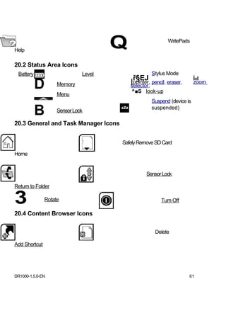 Help
                                      Q                      WritePads



20.2 Status Area Icons
 Battery                      Level                   Stylus Mode
                                           ř§EJ pencil, eraser,            ÍHI
           D        Memory                Ipointer,
                                          selector,
                                                pan,
                                          ^■S look-up
                                                                           zoom

                    Menu
                                                      Suspend (device is

           B        Sensor Lock
                                                      suspended)

20.3 General and Task Manager Icons


                                      Safely Remove SD Card

Home


                                                 Sensor Lock

Return to Folder

3              Rotate                                     Turn Off

20.4 Content Browser Icons

                                                       Delete

Add Shortcut




DR1000-1.5.0-EN                                                        61
 