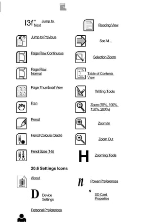 I3f ^ Jump to
    Next                              Reading View


  Jump to Previous
                                       See All…


  Page Flow Continuous
                                   Selection Zoom


  Page Flow
  Normal                       Table of Contents
                               View

  Page Thumbnail View
                                    Writing Tools


  Pan                           Zoom (75%, 100%,
                                150%, 200%)

  Pencil
                                     Zoom In


  Pencil Colours (black)
                                      Zoom Out




                           H
  Pencil Sizes (1‐5)
                                    Zooming Tools


  20.6 Settings Icons

  About
                           n    Power Preferences



  D        Device
           Settings
                               s
                                   SD Card
                                   Properties


  Personal Preferences
 