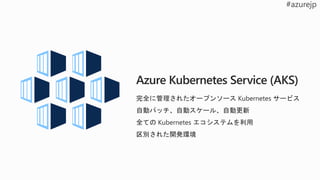 Azure Kubernetes Service (AKS)
完全に管理されたオープンソース Kubernetes サービス
自動パッチ、自動スケール、自動更新
全ての Kubernetes エコシステムを利用
区別された開発環境
 