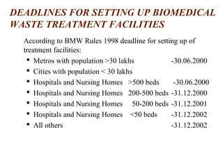 DEADLINES FOR SETTING UP BIOMEDICAL
WASTE TREATMENT FACILITIES
According to BMW Rules 1998 deadline for setting up of
treatment facilities:
 Metros with population >30 lakhs -30.06.2000
 Cities with population < 30 lakhs
 Hospitals and Nursing Homes >500 beds -30.06.2000
 Hospitals and Nursing Homes 200-500 beds -31.12.2000
 Hospitals and Nursing Homes 50-200 beds -31.12.2001
 Hospitals and Nursing Homes <50 beds -31.12.2002
 All others -31.12.2002
 