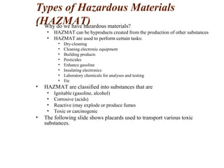Types of Hazardous Materials
(HAZMAT)• Why do we have hazardous materials?
• HAZMAT can be byproducts created from the production of other substances
• HAZMAT are used to perform certain tasks:
• Dry-cleaning
• Cleaning electronic equipment
• Building products
• Pesticides
• Enhance gasoline
• Insulating electronics
• Laboratory chemicals for analyses and testing
• Etc
• HAZMAT are classified into substances that are
• Ignitable (gasoline, alcohol)
• Corrosive (acids)
• Reactive (may explode or produce fumes
• Toxic or carcinogenic
• The following slide shows placards used to transport various toxic
substances.
 