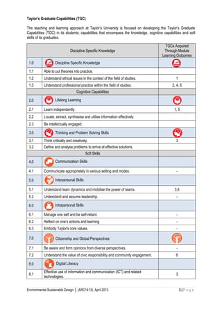 Environmental Sustainable Design │ (ARC1413): April 2013 3 | P a g e 
Taylor’s Graduate Capabilities (TGC) 
The teaching and learning approach at Taylor’s University is focused on developing the Taylor’s Graduate Capabilities (TGC) in its students; capabilities that encompass the knowledge, cognitive capabilities and soft skills of its graduates. Discipline Specific Knowledge TGCs Acquired Through Module Learning Outcomes 1.0 Discipline Specific Knowledge 
1.1 
Able to put theories into practice. 
1.2 
Understand ethical issues in the context of the field of studies. 
1 
1.3 
Understand professional practice within the field of studies. 
2, 4, 6 Cognitive Capabilities 2.0 Lifelong Learning 
2.1 
Learn independently. 
1, 5 
2.2 
Locate, extract, synthesise and utilise information effectively. 
2.3 
Be intellectually engaged. 
3.0 Thinking and Problem Solving Skills 
3.1 
Think critically and creatively. 
3 
3.2 
Define and analyse problems to arrive at effective solutions. 
Soft Skills 4.0 Communication Skills 
4.1 
Communicate appropriately in various setting and modes. 
- 5.0 Interpersonal Skills 
5.1 
Understand team dynamics and mobilise the power of teams. 
3,6 
5.2 
Understand and assume leadership. 
- 6.0 Intrapersonal Skills 
6.1 
Manage one self and be self-reliant. 
- 
6.2 
Reflect on one’s actions and learning. 
- 
6.3 
Embody Taylor's core values. 
- 7.0 Citizenship and Global Perspectives 
7.1 
Be aware and form opinions from diverse perspectives. 
- 
7.2 
Understand the value of civic responsibility and community engagement. 
6 8.0 Digital Literacy 
8.1 
Effective use of information and communication (ICT) and related technologies. 
3  