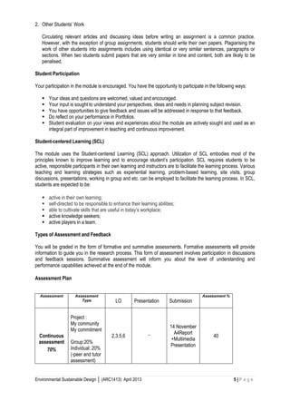 Environmental Sustainable Design │ (ARC1413): April 2013 5 | P a g e 
2. Other Students’ Work 
Circulating relevant articles and discussing ideas before writing an assignment is a common practice. However, with the exception of group assignments, students should write their own papers. Plagiarising the work of other students into assignments includes using identical or very similar sentences, paragraphs or sections. When two students submit papers that are very similar in tone and content, both are likely to be penalised. 
Student Participation 
Your participation in the module is encouraged. You have the opportunity to participate in the following ways: 
 Your ideas and questions are welcomed, valued and encouraged. 
 Your input is sought to understand your perspectives, ideas and needs in planning subject revision. 
 You have opportunities to give feedback and issues will be addressed in response to that feedback. 
 Do reflect on your performance in Portfolios. 
 Student evaluation on your views and experiences about the module are actively sought and used as an integral part of improvement in teaching and continuous improvement. 
Student-centered Learning (SCL) 
The module uses the Student-centered Learning (SCL) approach. Utilization of SCL embodies most of the principles known to improve learning and to encourage student’s participation. SCL requires students to be active, responsible participants in their own learning and instructors are to facilitate the learning process. Various teaching and learning strategies such as experiential learning, problem-based learning, site visits, group discussions, presentations, working in group and etc. can be employed to facilitate the learning process. In SCL, students are expected to be: 
 active in their own learning; 
 self-directed to be responsible to enhance their learning abilities; 
 able to cultivate skills that are useful in today’s workplace; 
 active knowledge seekers; 
 active players in a team. 
Types of Assessment and Feedback 
You will be graded in the form of formative and summative assessments. Formative assessments will provide information to guide you in the research process. This form of assessment involves participation in discussions and feedback sessions. Summative assessment will inform you about the level of understanding and performance capabilities achieved at the end of the module. 
Assessment Plan 
Assessment 
Assessment Type 
LO 
Presentation 
Submission 
Assessment % 
Continuous assessment 
70% 
Project : 
My community My commitment 
Group:20% 
Individual: 20% 
(-peer and tutor assessment) 
2,3.5,6 
_ 
14 November 
A4Report +Multimedia Presentation 
40  