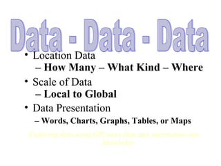 • Location Data
– How Many – What Kind – Where
• Scale of Data
– Local to Global
• Data Presentation
– Words, Charts, Graphs, Tables, or Maps
Exploring data using GIS turns data into information into
knowledge
 