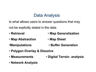 Data Analysis
Is what allows users to answer questions that may
not be explicitly stated in the data.
• Retrieval • Map Generalization
• Map Abstraction • Map Sheet
•Manipulations • Buffer Generation
• Polygon Overlay & Dissolve
• Measurements • Digital Terrain analysis
• Network Analysis
 