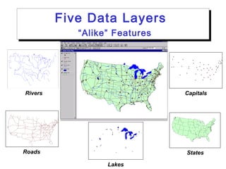 States
Five Data Layers
“Alike” Features
Five Data Layers
“Alike” Features
Roads
CapitalsRivers
Lakes
 