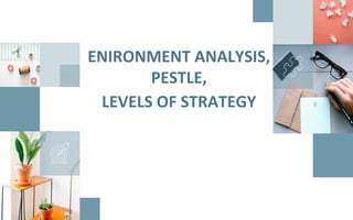 ENIRONMENT ANALYSIS,
PESTLE,
LEVELS OF STRATEGY
 