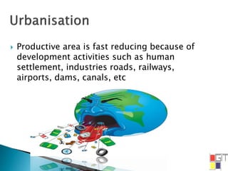  Productive area is fast reducing because of
development activities such as human
settlement, industries roads, railways,
airports, dams, canals, etc
 