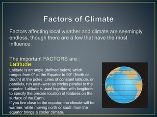 Factors affecting local weather and climate are seemingly
endless, though there are a few that have the most
influence.
The important FACTORS are :
Latitude
Latitude is an angle (defined below) which
ranges from 0° at the Equator to 90° (North or
South) at the poles. Lines of constant latitude, or
parallels, run east–west as circles parallel to the
equator. Latitude is used together with longitude
to specify the precise location of features on the
surface of the Earth.
If you live close to the equator, the climate will be
warmer, while moving north or south from the
equator brings a cooler climate.
 