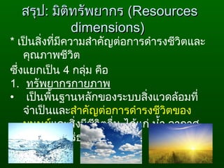 สรุปสรุป:: มิติทรัพยากรมิติทรัพยากร ((ResourcesResources
dimensions)dimensions)
* เป็นสิ่งที่มีความสำาคัญต่อการดำารงชีวิตและ
คุณภาพชีวิต
ซึ่งแยกเป็น 4 กลุ่ม คือ
1. ทรัพยากรกายภาพ
• เป็นพื้นฐานหลักของระบบสิ่งแวดล้อมที่
จำาเป็นและสำาคัญต่อการดำารงชีวิตของ
มนุษย์และสิ่งมีชีวิตอื่น ได้แก่ นำ้า อากาศ
แสงแดด แร่ธาตุ
 