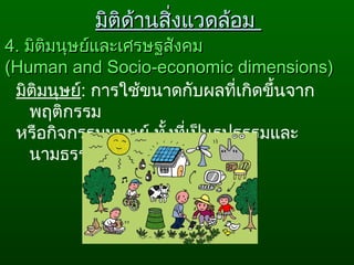 มิติมนุษย์: การใช้ขนาดกับผลที่เกิดขึ้นจาก
พฤติกรรม
หรือกิจกรรมมนุษย์ ทั้งที่เป็นรูปธรรมและ
นามธรรม
4.4. มิติมนุษย์และเศรษฐสังคมมิติมนุษย์และเศรษฐสังคม
((Human and Socio-economic dimensions)Human and Socio-economic dimensions)
มิติด้านสิ่งแวดล้อมมิติด้านสิ่งแวดล้อม
 