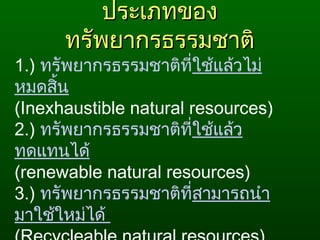 ประเภทของประเภทของ
ทรัพยากรธรรมชาติทรัพยากรธรรมชาติ
1.) ทรัพยากรธรรมชาติที่ใช้แล้วไม่
หมดสิ้น
(Inexhaustible natural resources)
2.) ทรัพยากรธรรมชาติที่ใช้แล้ว
ทดแทนได้
(renewable natural resources) 
3.) ทรัพยากรธรรมชาติที่สามารถนำา
มาใช้ใหม่ได้
 