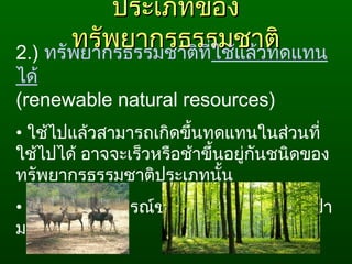 ประเภทของประเภทของ
ทรัพยากรธรรมชาติทรัพยากรธรรมชาติ2.) ทรัพยากรธรรมชาติที่ใช้แล้วทดแทน
ได้
(renewable natural resources) 
• ใช้ไปแล้วสามารถเกิดขึ้นทดแทนในส่วนที่
ใช้ไปได้ อาจจะเร็วหรือช้าขึ้นอยู่กันชนิดของ
ทรัพยากรธรรมชาติประเภทนั้น
• เช่น ความสมบูรณ์ของดิน พืช ป่าไม้ สัตว์ป่า
มนุษย์ เป็นต้น
 