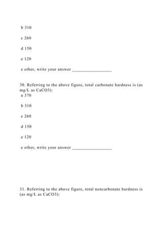b 310
c 260
d 150
e 120
e other, write your answer _________________
30. Referring to the above figure, total carbonate hardness is (as
mg/L as CaCO3):
a 370
b 310
c 260
d 150
e 120
e other, write your answer _________________
31. Referring to the above figure, total noncarbonate hardness is
(as mg/L as CaCO3):
 