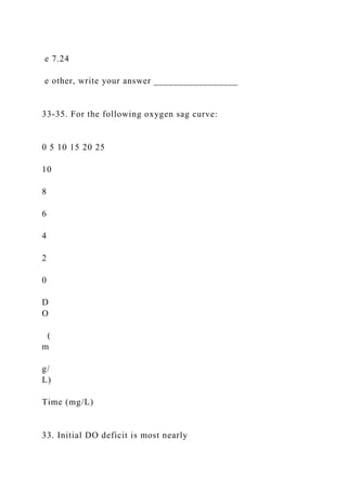 e 7.24
e other, write your answer _________________
33-35. For the following oxygen sag curve:
0 5 10 15 20 25
10
8
6
4
2
0
D
O
(
m
g/
L)
Time (mg/L)
33. Initial DO deficit is most nearly
 