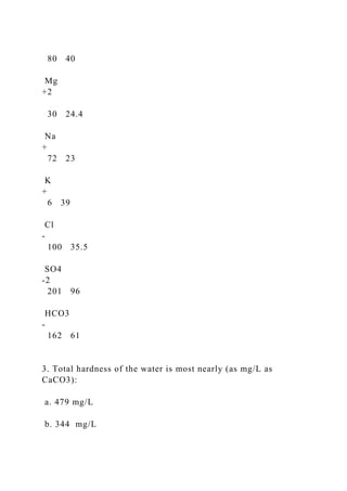 80 40
Mg
+2
30 24.4
Na
+
72 23
K
+
6 39
Cl
-
100 35.5
SO4
-2
201 96
HCO3
-
162 61
3. Total hardness of the water is most nearly (as mg/L as
CaCO3):
a. 479 mg/L
b. 344 mg/L
 