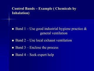 Control Bands – Example ( Chemicals by
Inhalation)
 Band 1 – Use good industrial hygiene practice &
general ventilation
 Band 2 – Use local exhaust ventilation
 Band 3 – Enclose the process
 Band 4 – Seek expert help
 