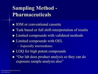 Sampling Method -
Pharmaceuticals
 IOM or conventional cassette
 Task based or full shift-interpretation of results
 Limited compounds with validated methods
 Limited compounds with OEL
– Especially intermediates
 LOQ for high potent compounds
 “Our lab does product analysis so they can do
exposure sample analysis also”
©International Safety Systems, Inc.
www.issehs.com
 