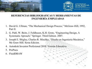 REFERENCIAS BIBLIOGRAFICAS Y HERRAMIENTAS DE
INGENIERÍA EMPLEADAS
1. David G. Ullman, “The Mechanical Design Process,” McGraw-Hill, 1992,
Part II.
2. G. Pahl, W. Beitz, J. Feldhusen, K.H. Grote, “Engineering Design, A
Systematic Aproach,” Springer. Third Edition. 2007.
3. Joseph E. Shigley, Charles R. Mischke, “Diseño en Ingenieria Mecánica,”
Mc Graw Hill. Sexta Edicion.
4. Autodesk Inventor Profesional 2010. Versión Educativa.
5. ProPneu
6. FluidDRAW
 