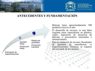ANTECEDENTES Y FUNDAMENTACIÓN
Estimación de
especificaciones
Cavidad
Piloto
Producción
Piloto
Replica de
cavidades
Producción
Industrial
Belcorp lanza aproximadamente 500
productos nuevos al año.
El desarrollo de envases, es una labor
conjunta entre especialistas en plástico,
vidrio, Ingenieros de proyectos de
Belcorp y proveedores nacionales e
internacionales.
Para la validación de envases, Resultados
de procesos de manufactura vs
Especificaciones Técnicas, se requiere
del envasado de los mismos.
 