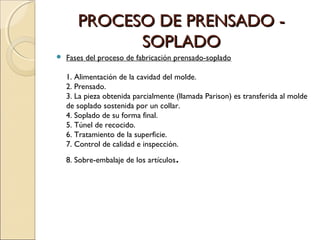 PROCESO DE PRENSADO -PROCESO DE PRENSADO -
SOPLADOSOPLADO
 Fases del proceso de fabricación prensado-soplado
1. Alimentación de la cavidad del molde.
2. Prensado.
3. La pieza obtenida parcialmente (llamada Parison) es transferida al molde
de soplado sostenida por un collar.
4. Soplado de su forma final.
5. Túnel de recocido.
6. Tratamiento de la superficie.
7. Control de calidad e inspección.
8. Sobre-embalaje de los artículos.
 