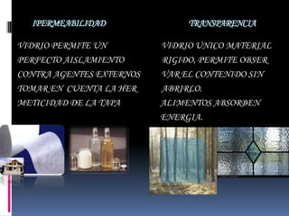 IPERMEABILIDAD               TRANSPARENCIA

VIDRIO PERMITE UN         VIDRIO UNICO MATERIAL
PERFECTO AISLAMIENTO      RIGIDO, PERMITE OBSER
CONTRA AGENTES EXTERNOS   VAR EL CONTENIDO SIN
TOMAR EN CUENTA LA HER    ABRIRLO.
METICIDAD DE LA TAPA      ALIMENTOS ABSORBEN
                          ENERGIA.
 