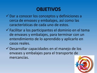OBJETIVOS
Dar a conocer los conceptos y definiciones a
cerca de envases y embalajes, así como las
características de cada uno de estos.
Facilitar a los participantes el dominio en el tema
de envases y embalajes, para terminar con un
entendimiento de lo aprendido y aplicarlo en
casos reales.
Desarrollar capacidades en el manejo de los
envases y embalajes para el transporte de
mercancías.
 