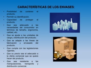 CARACTERÍSTICAS DE LOS ENVASES:
• Posibilidad de contener el
producto.
• Permitir su identificación.
• Capacidad de proteger el
producto.
• Que sea adecuado a las
necesidades del consumidor en
términos de tamaño, ergonomía,
calidad, etc.
• Que se ajuste a las unidades de
carga y distribución del producto.
• Que se adapte a las líneas de
fabricación y envasado del
producto.
• Que cumpla con las legislaciones
vigentes.
• Que su precio sea el adecuado a
la oferta comercial que se quiere
hacer del producto.
• Que sea resistente a las
manipulaciones, transporte y
distribución comercial.
 