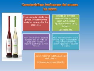 Es un material rígido que
puede adoptar formas
variadas para resaltar los
productos.
Resiste las elevadas
presiones internas que le
hacen sufrir ciertos
líquidos: Cerveza, sidra,
bebidas
gaseosas, etc.
Tiene una resistencia mecánica
suficiente para so- portar los
golpes en las cadenas de
empacado que trabajan a ritmos
elevados.
Es un material económico que se
produce en gran- des cantidades y
cuyo perfeccionamiento no
cesa,en especial por la reducción
de su peso,
. Es un material indefinidamente
reciclable y
frecuentemente reutilizable.
 