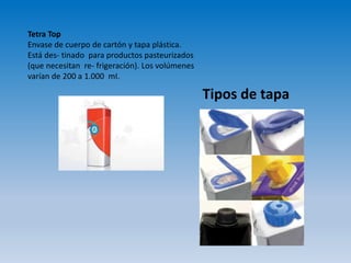 Tetra Top
Envase de cuerpo de cartón y tapa plástica.
Está des- tinado para productos pasteurizados
(que necesitan re- frigeración). Los volúmenes
varían de 200 a 1.000 mI.
Tipos de tapa
 